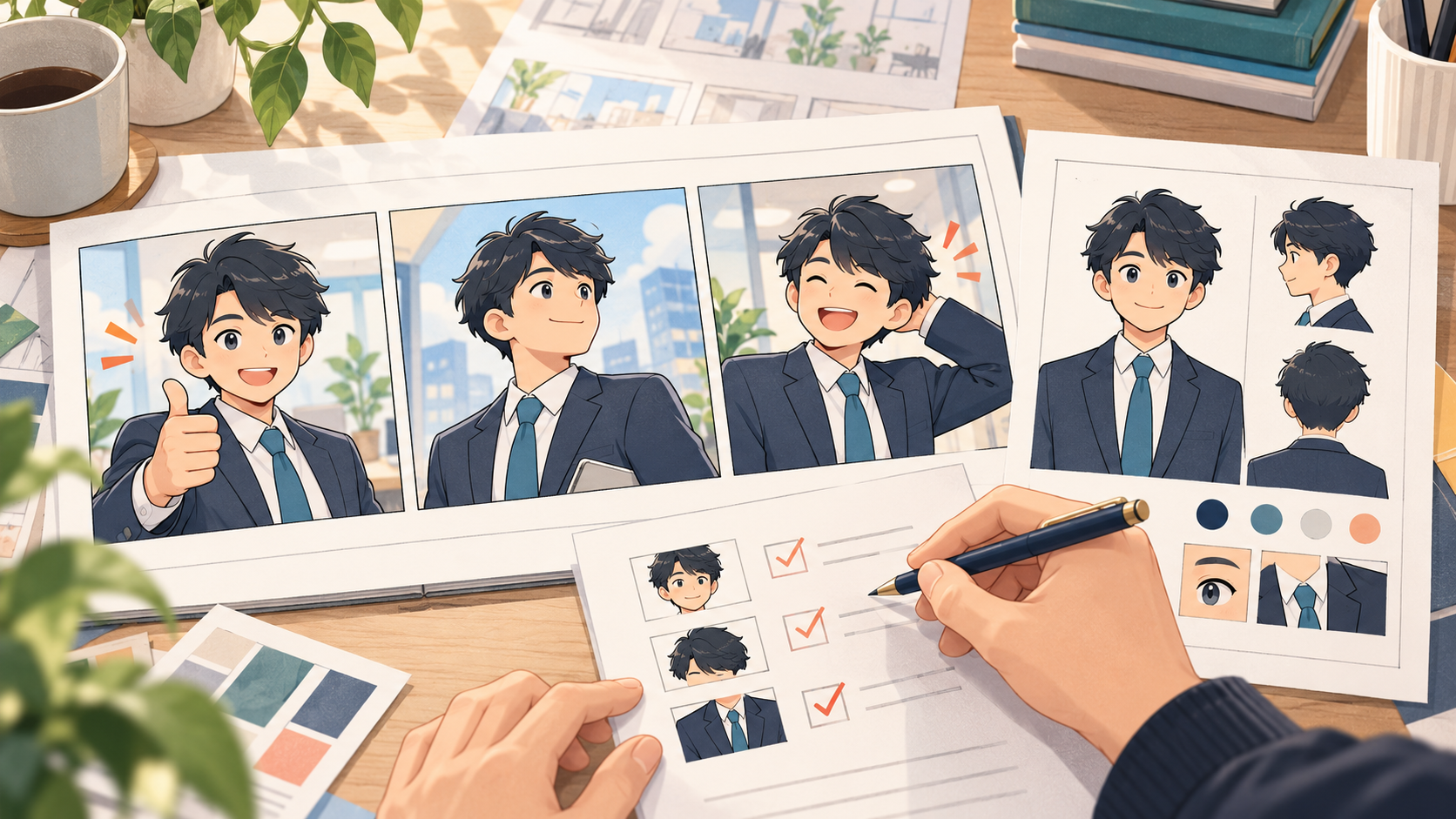企業のAI漫画でキャラクターの一貫性を保つには？設定表と確認フローのイメージ