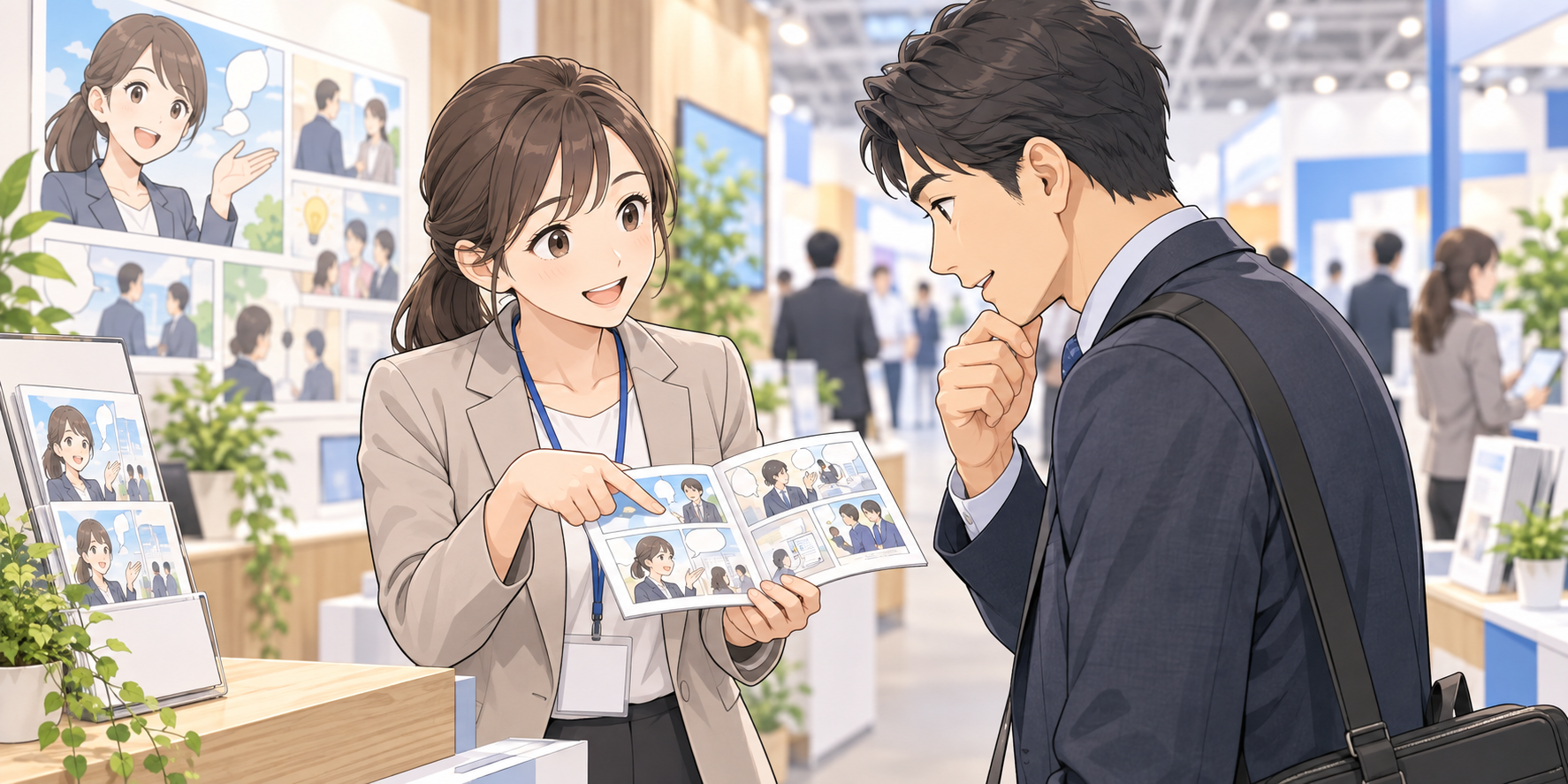 展示会で漫画を活用する方法｜事前集客・ブース・会期後フォローのイメージ