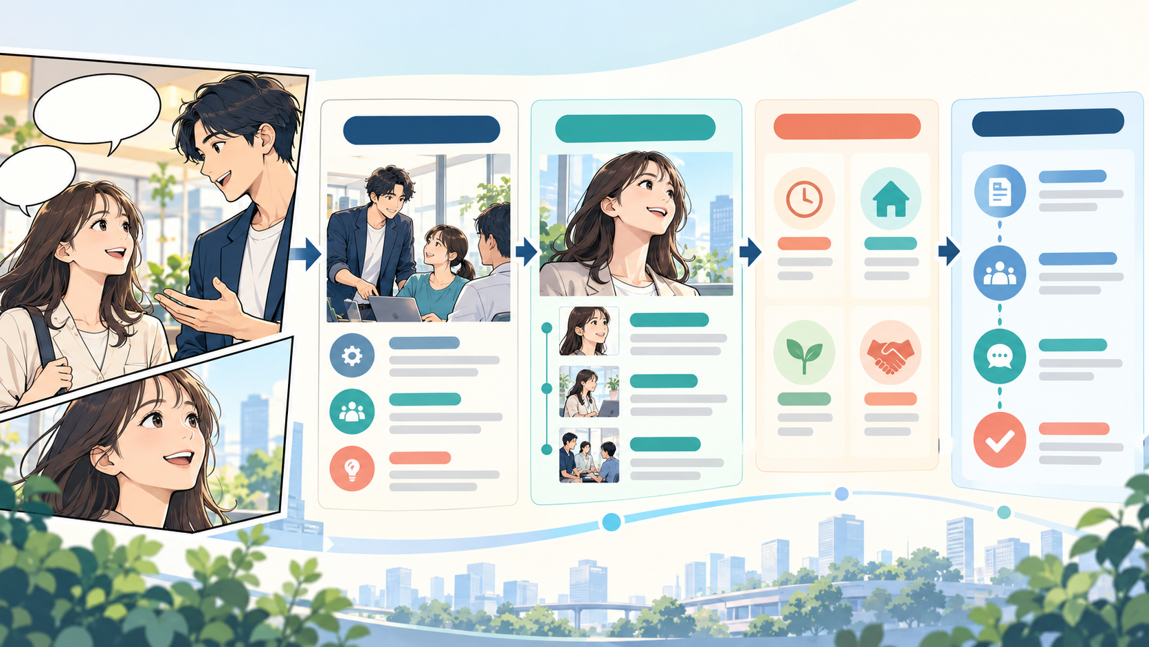 採用サイトに漫画を載せる構成｜仕事内容・社員の物語・応募導線の設計のイメージ