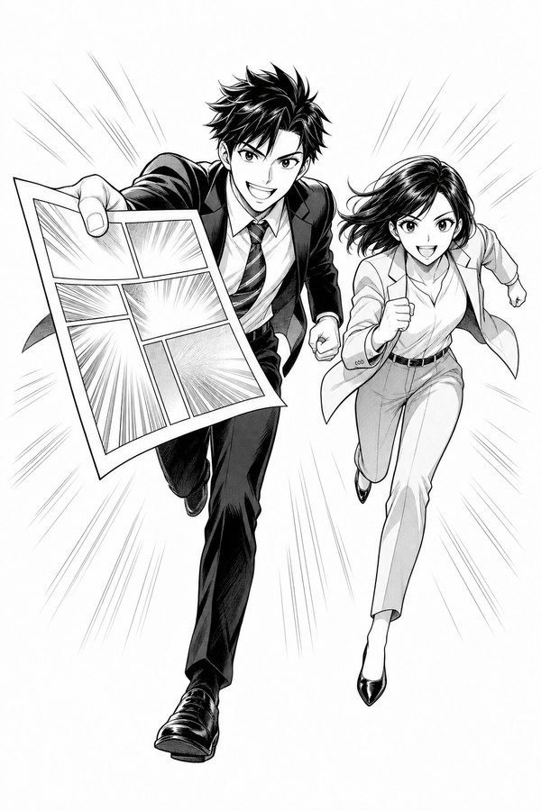 漫画を持って走る男女のモノクロイラスト